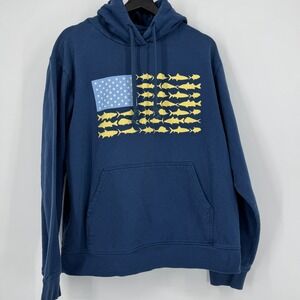 Columbia Mens PFG Hoodie Sweatshirt Blue Fishing Flag Graphic Pullover Large